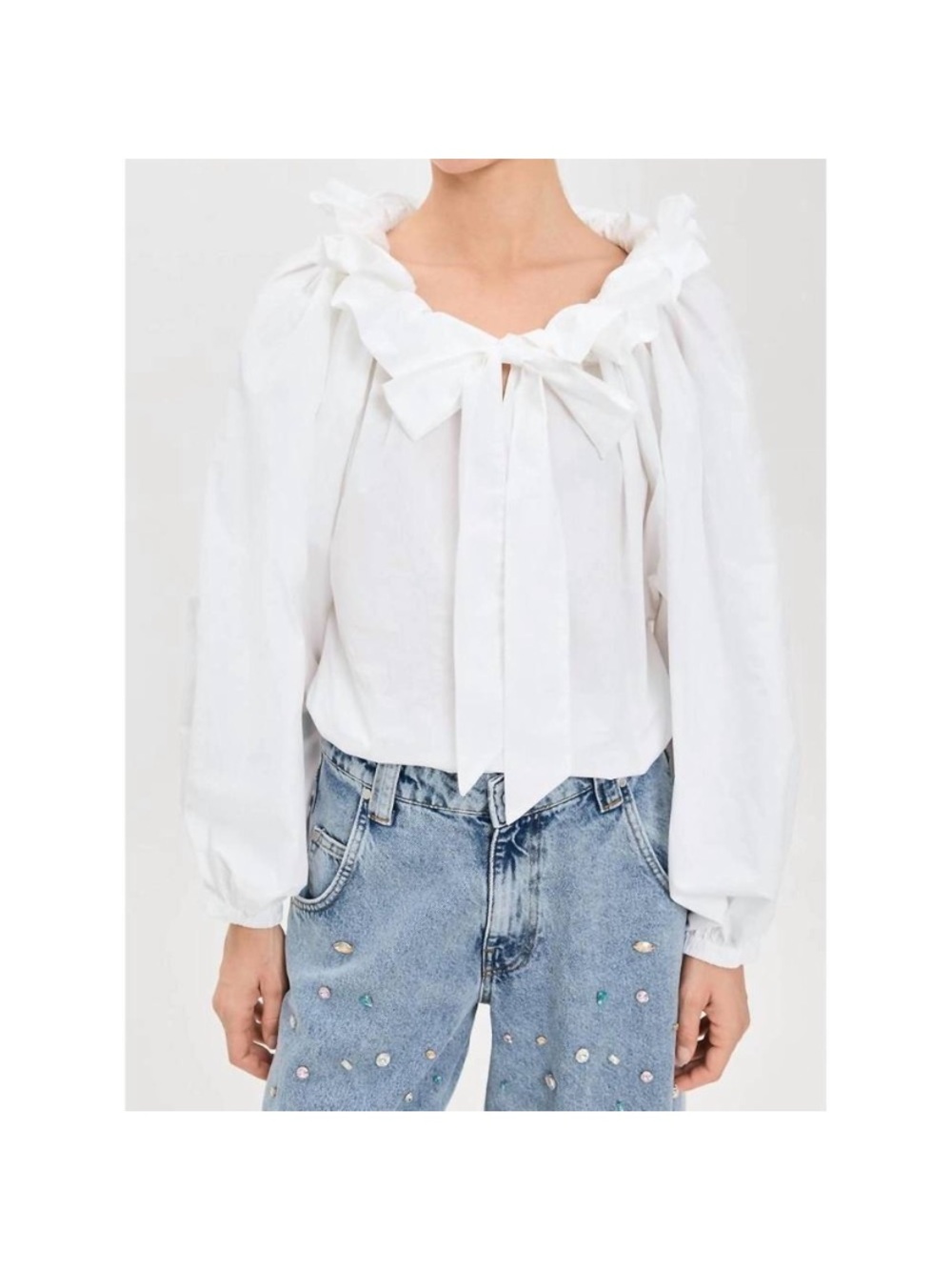 Ruffled Tie-Neck White Blouse - Women's Top